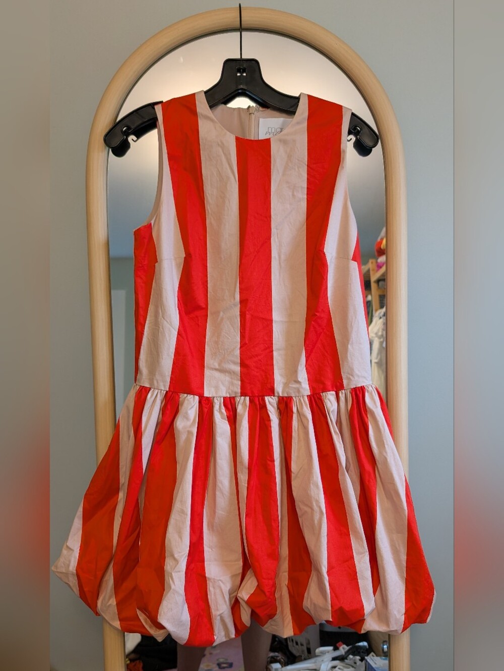 Red and White Striped Mini Dress - Sleeveless Drop Waist